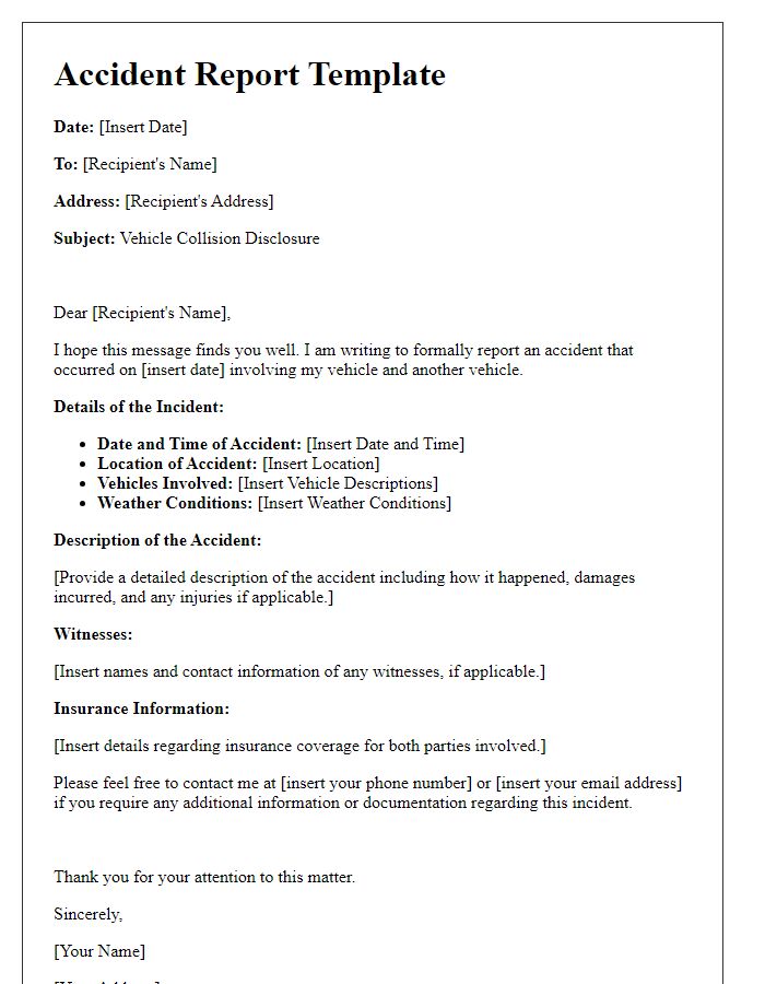 Letter template of accident report for vehicle collision disclosure