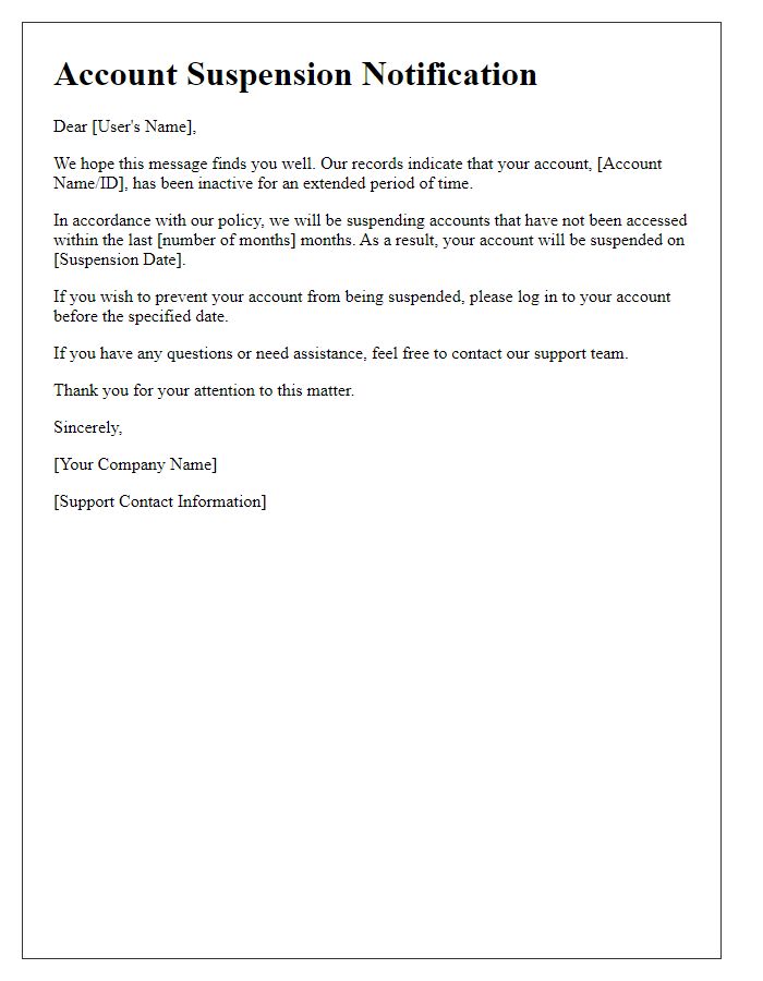 Letter template of account suspension alert due to inactivity.