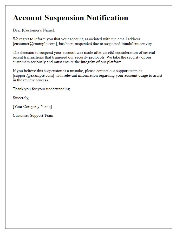 Letter template of account suspension communication for fraudulent activity.