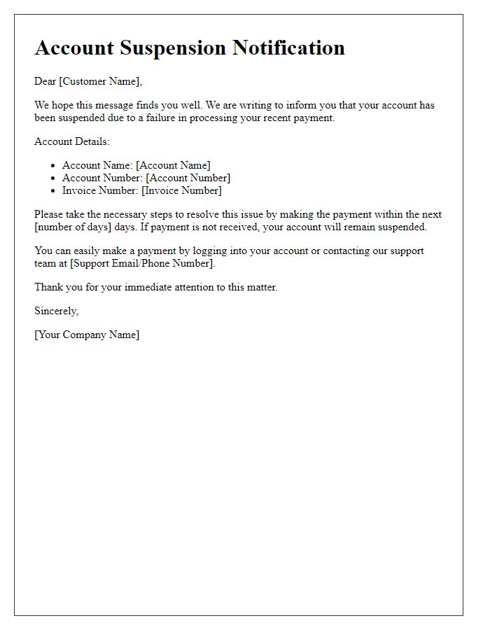Letter template of account suspension message for payment failure.