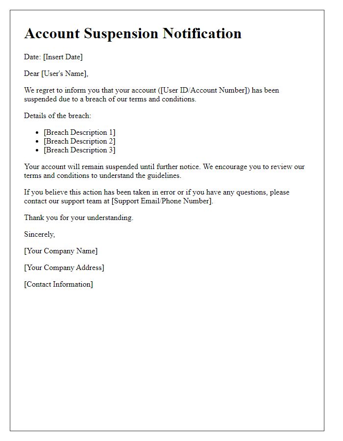 Letter template of account suspension notification for breach of terms.