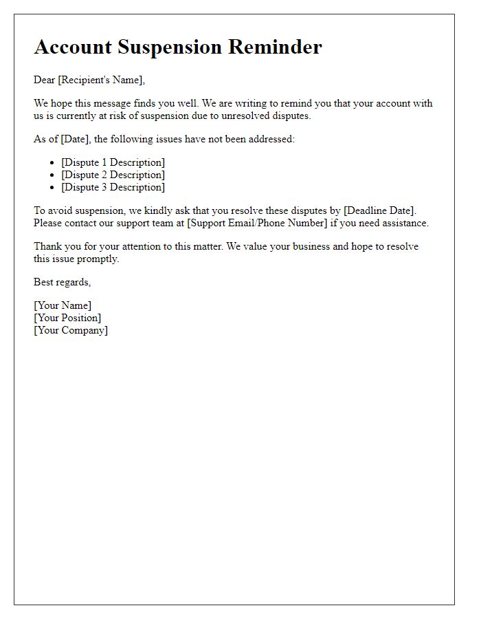 Letter template of account suspension reminder for unresolved disputes.