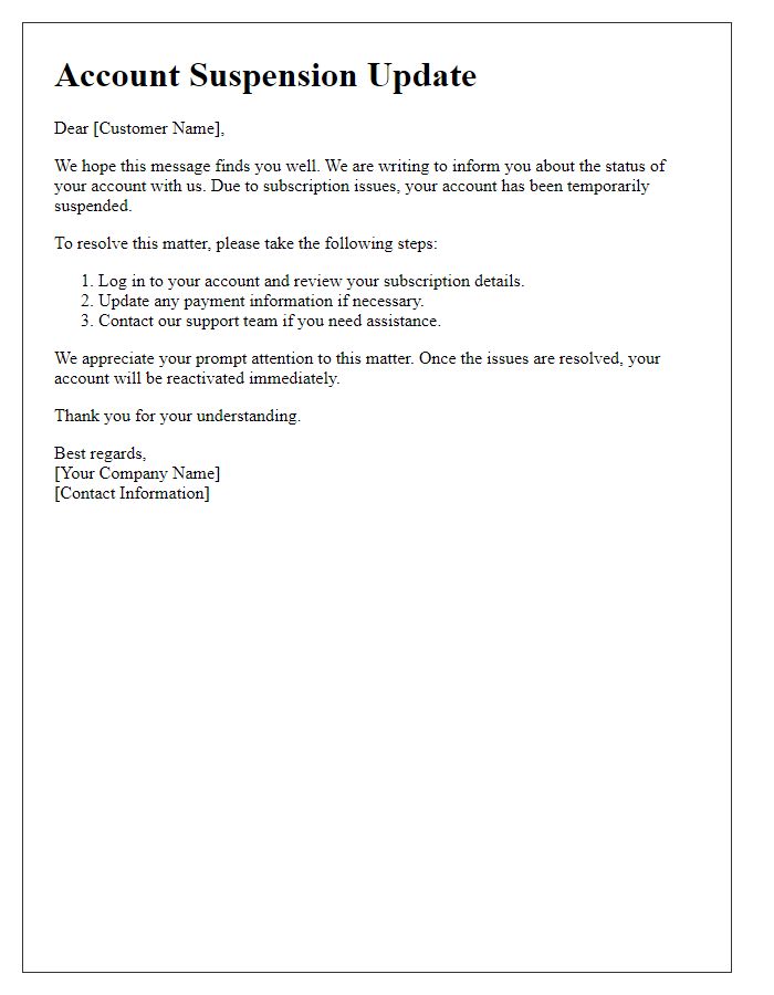 Letter template of account suspension update for subscription issues.
