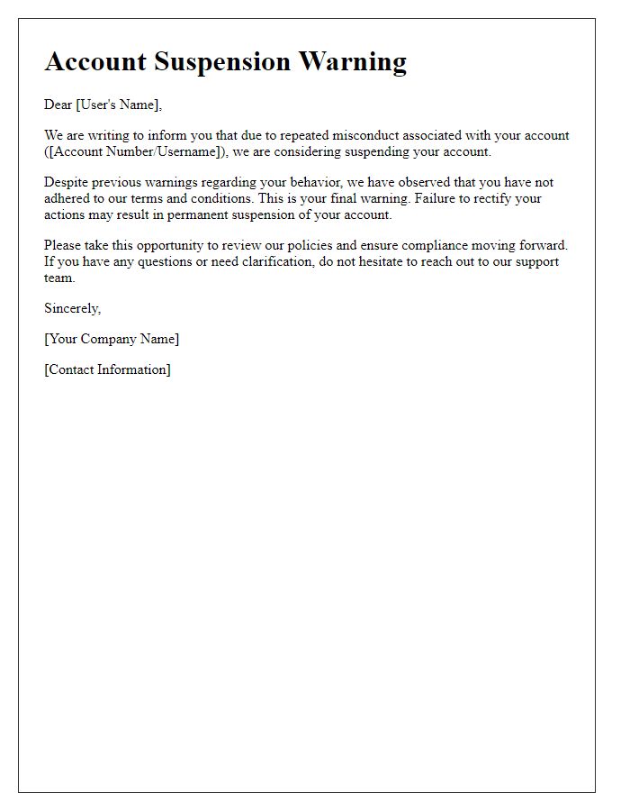 Letter template of account suspension warning for repeated misconduct.