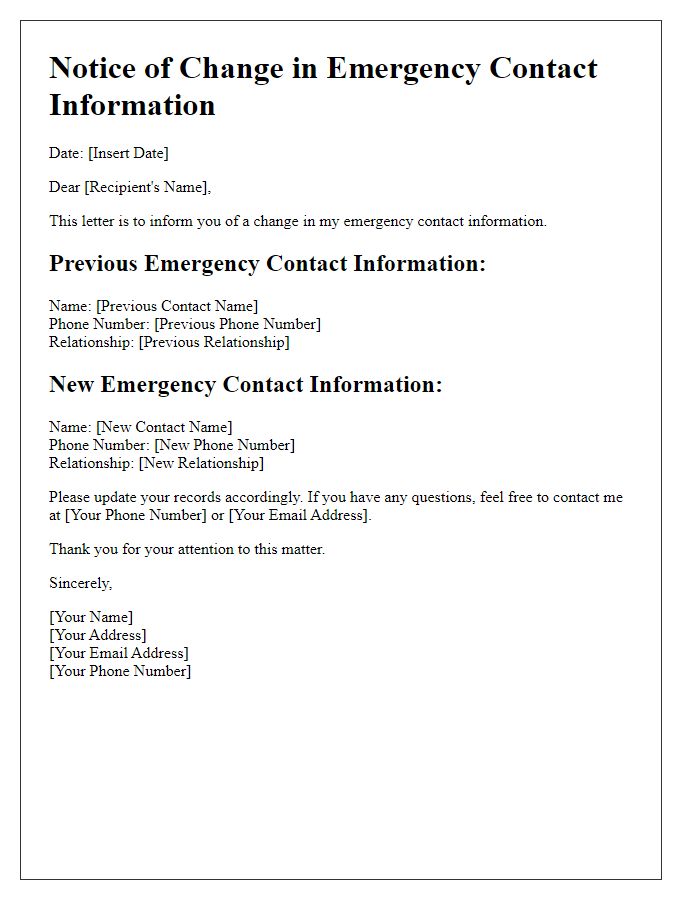 Letter template of change in emergency contact information notice