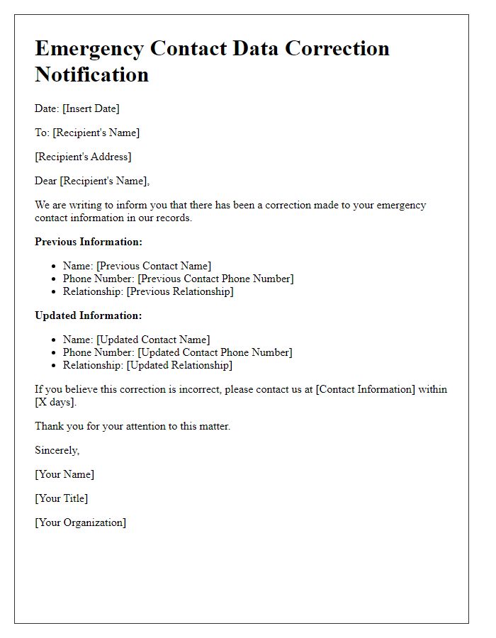 Letter template of emergency contact data correction notification