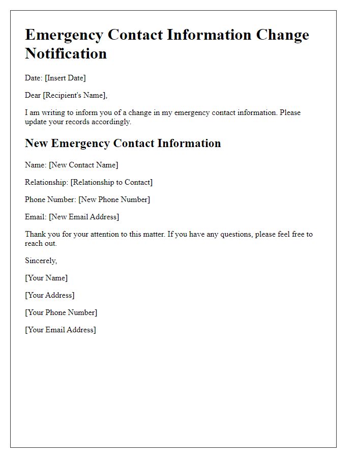 Letter template of emergency contact information change notification