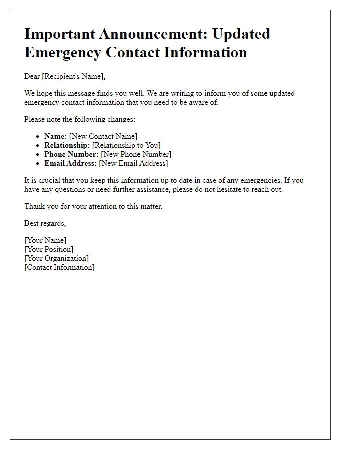 Letter template of modified emergency contact information announcement