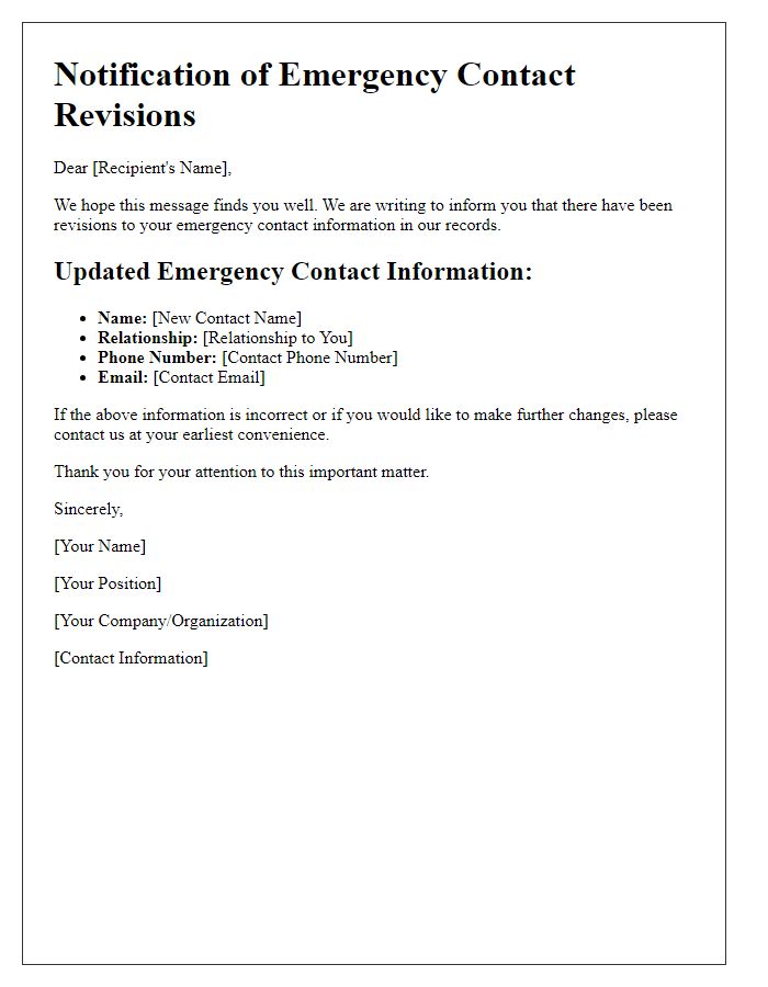 Letter template of notification for emergency contact revisions