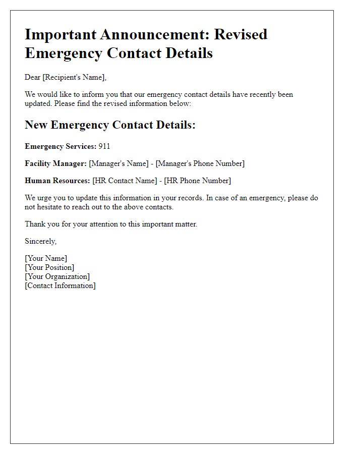 Letter template of revised emergency contact details announcement