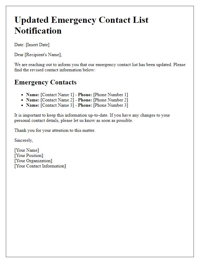 Letter template of updated emergency contact list communication