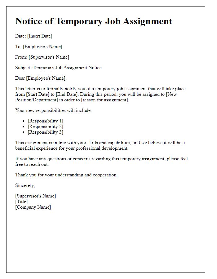 Letter template of Notice Regarding Temporary Job Assignment