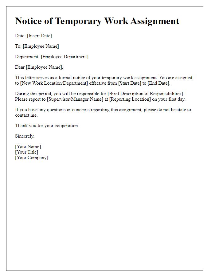 Letter template of Notice for Temporary Work Assignment