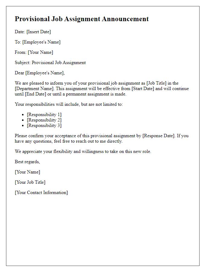 Letter template of Provisional Job Assignment Announcement