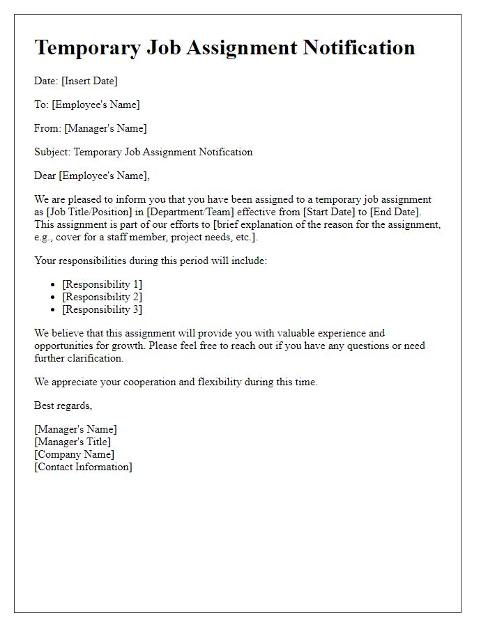 Letter template of Temporary Job Assignment Notification