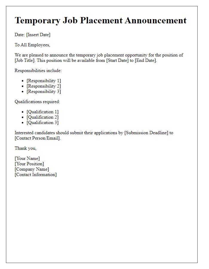 Letter template of Temporary Job Placement Announcement