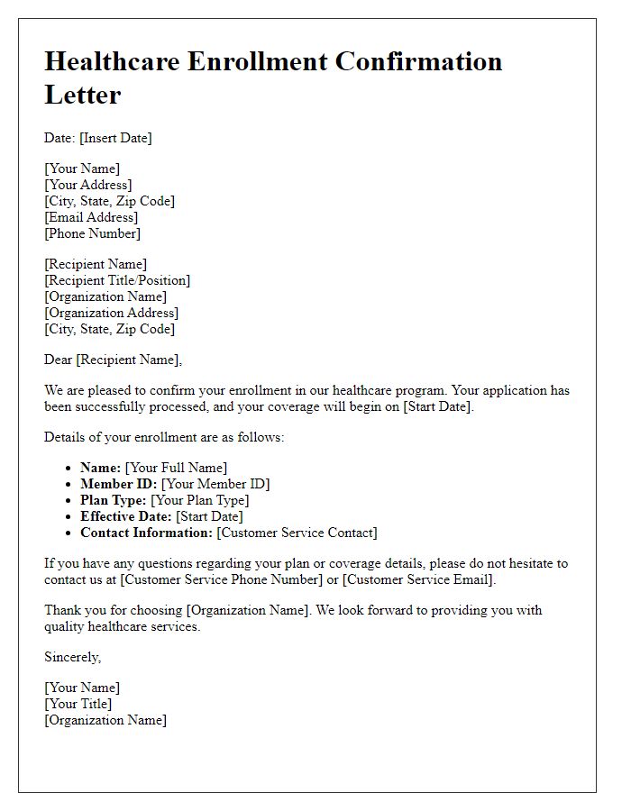 Letter template of healthcare enrollment confirmation letter