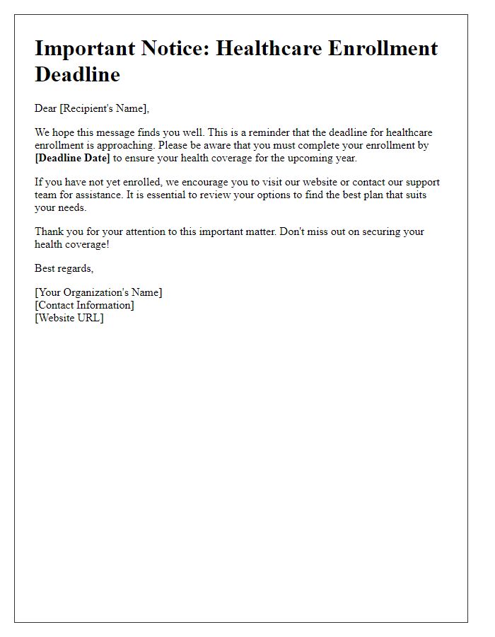 Letter template of healthcare enrollment deadline alert