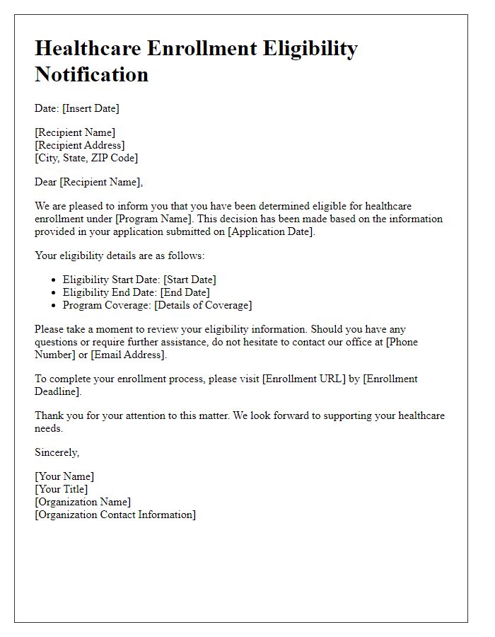 Letter template of healthcare enrollment eligibility notification