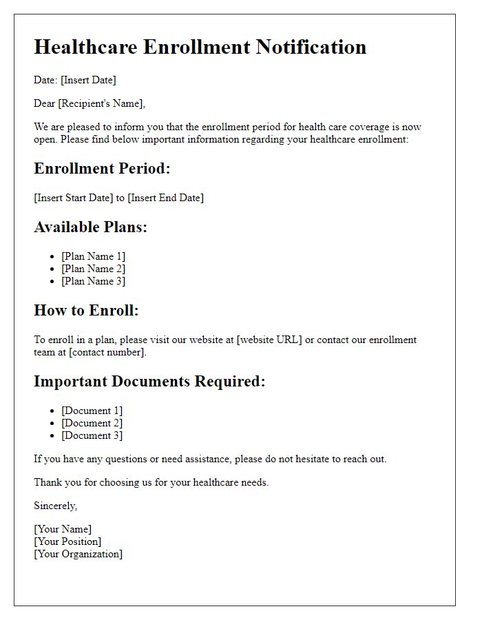 Letter template of healthcare enrollment information notification