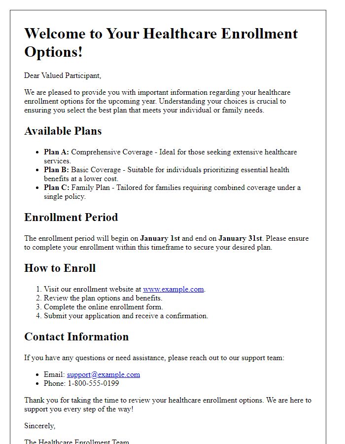 Letter template of healthcare enrollment options brochure