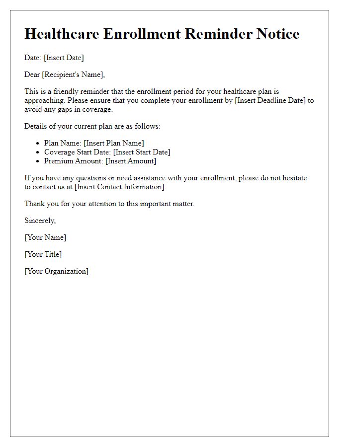 Letter template of healthcare enrollment reminder notice