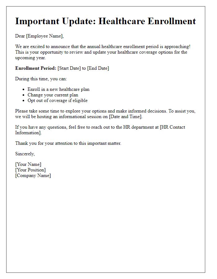 Letter template of healthcare enrollment update announcement