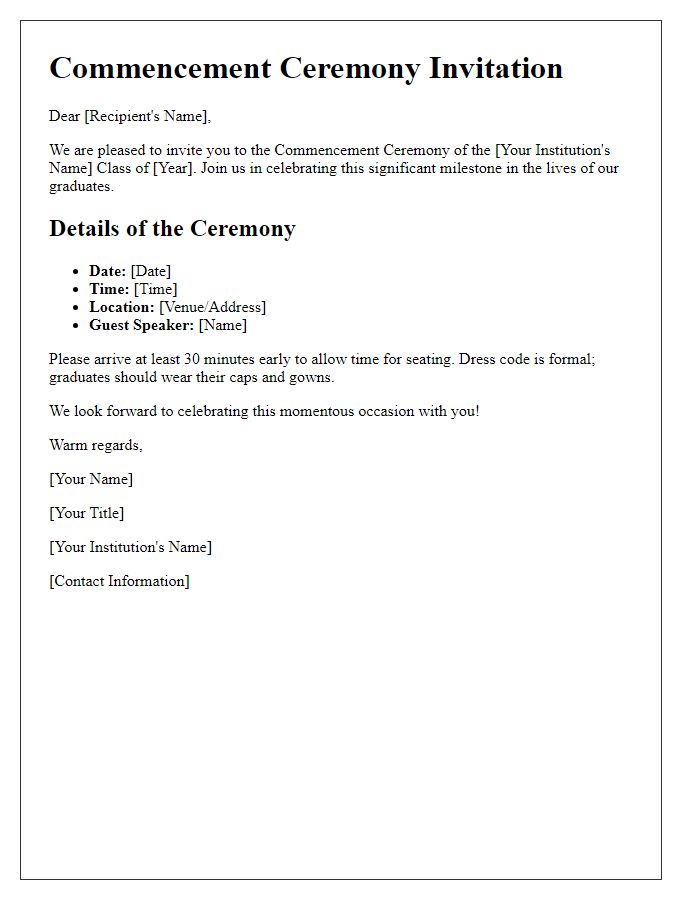 Letter template of commencement ceremony details