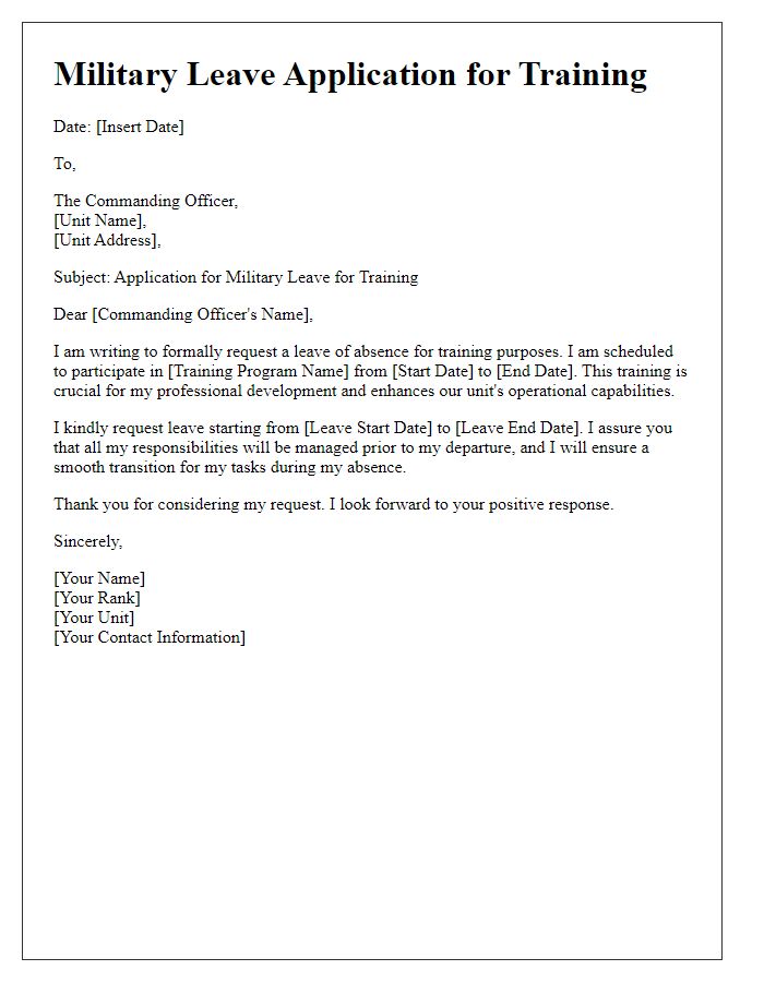 Letter template of military leave application for training.