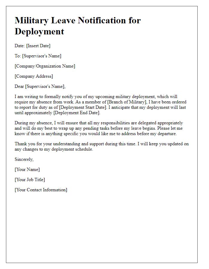 Letter template of military leave notification for deployment.