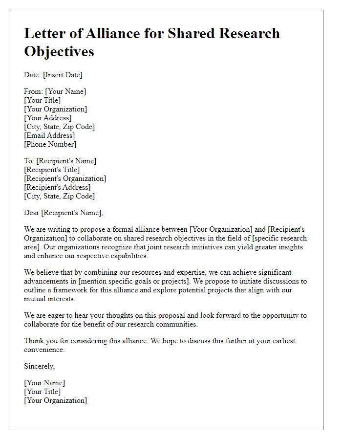 Letter template of alliance for shared research objectives