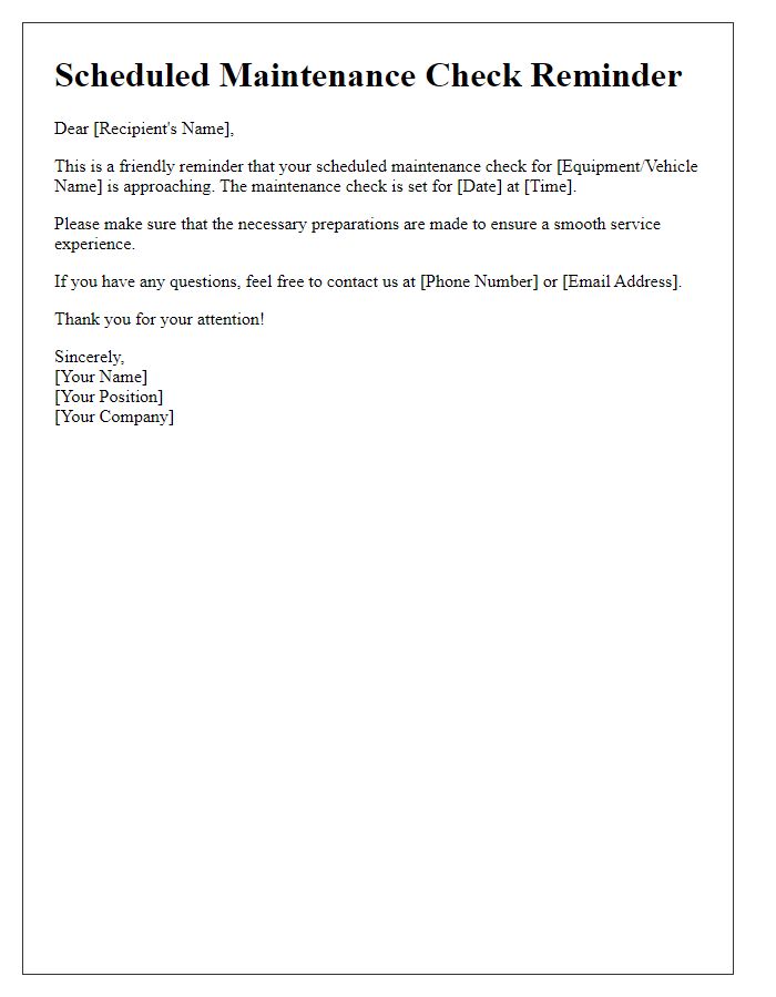 Letter template of scheduled maintenance check reminder