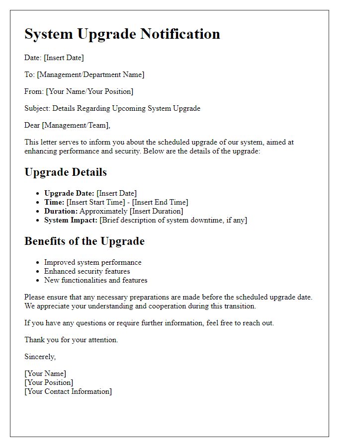 Letter template of system upgrade details for management