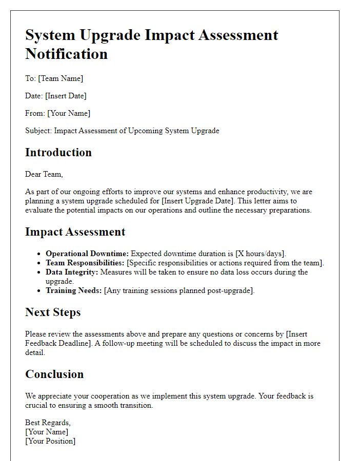 Letter template of system upgrade impact assessment for teams