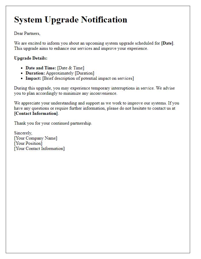 Letter template of system upgrade information for partners