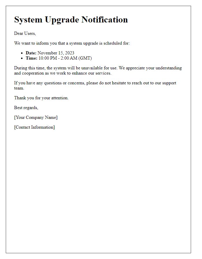 Letter template of system upgrade schedule for users