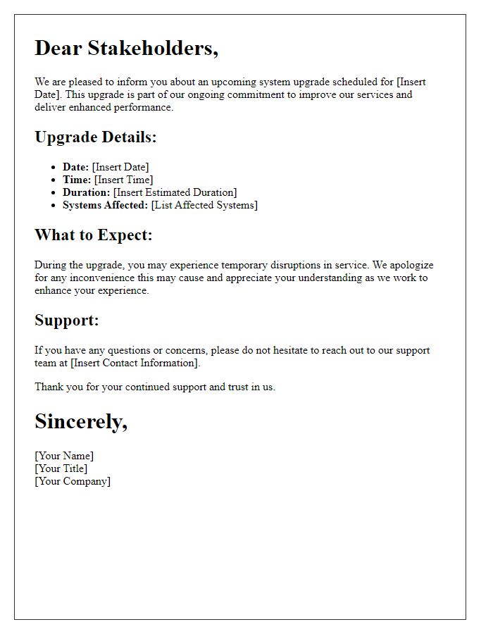 Letter template of system upgrade update for stakeholders