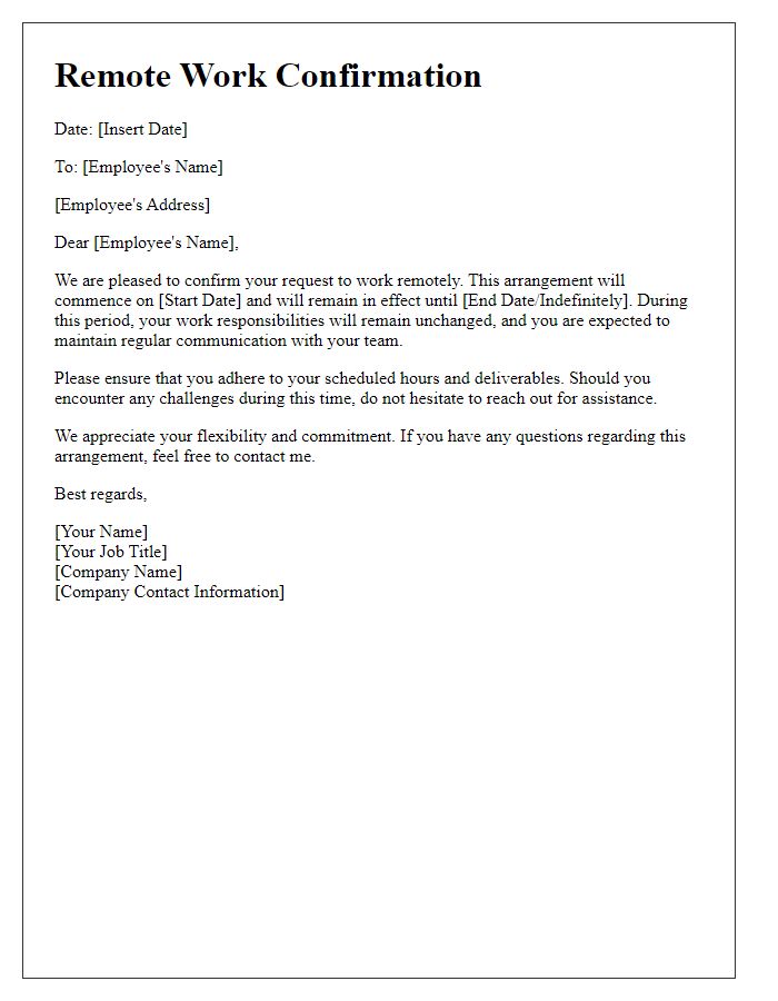 Letter template of remote work confirmation