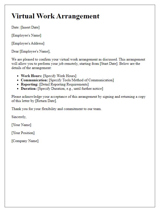 Letter template of virtual work arrangement