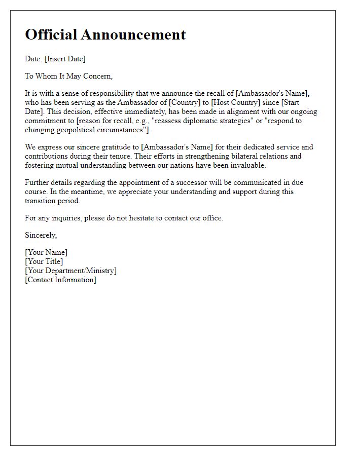 Letter template of ambassador recall announcement.