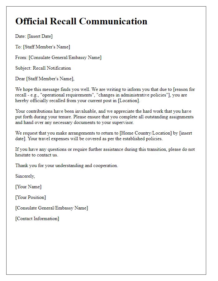 Letter template of consular staff recall communication.