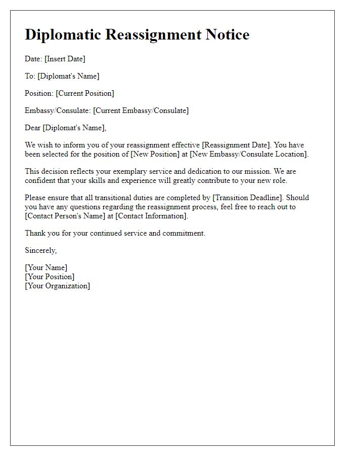 Letter template of diplomat reassignment notice.