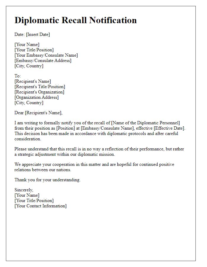 Letter template of diplomatic recall notification.