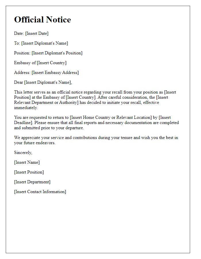 Letter template of official notice for diplomat recall.