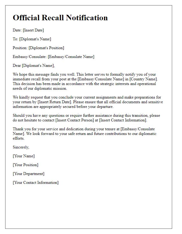 Letter template of recall message for diplomatic personnel.