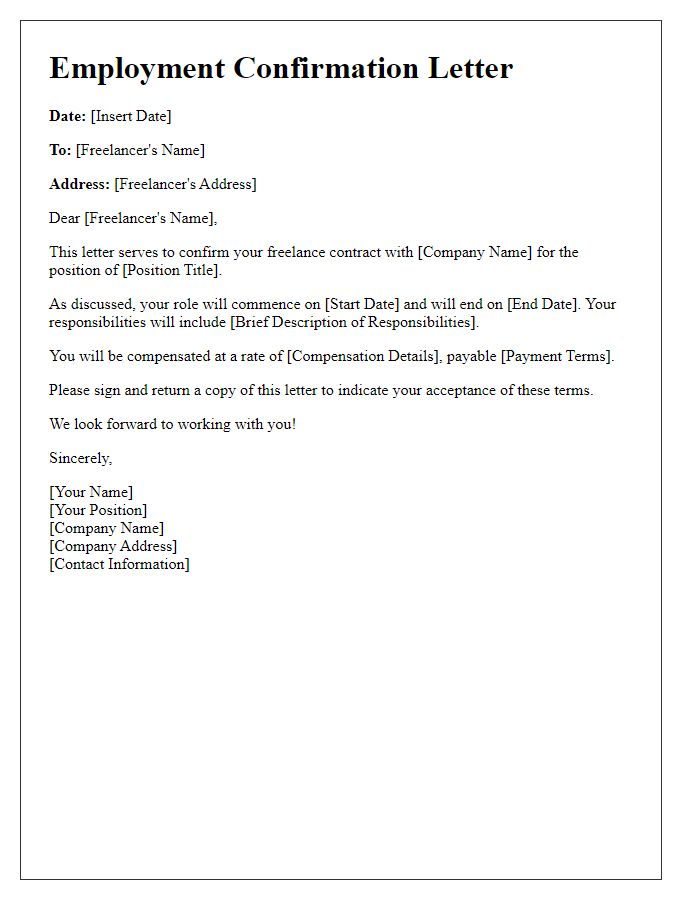 Letter template of employment confirmation for freelance contracts