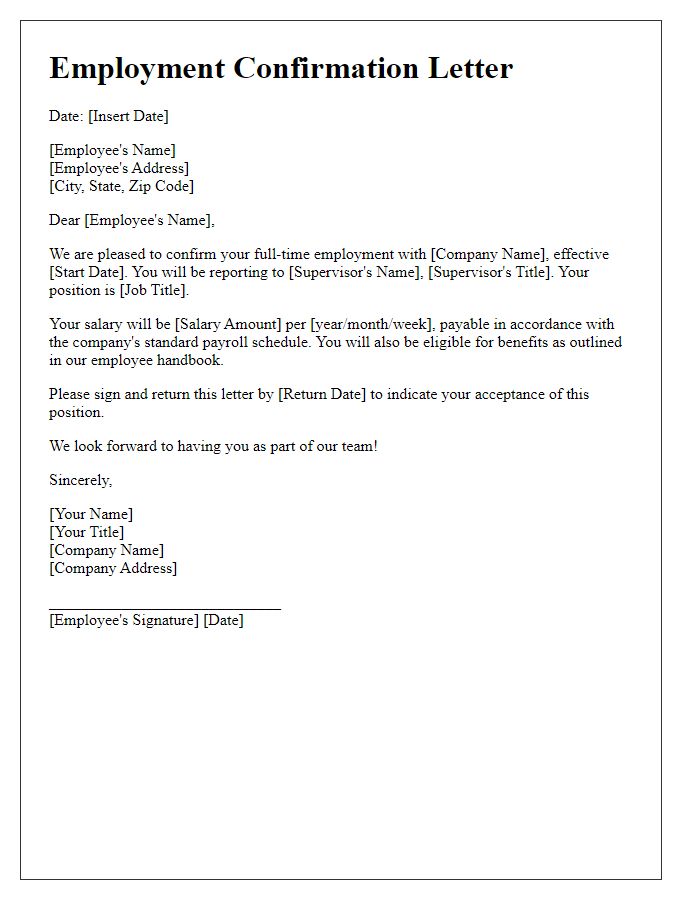 Letter template of employment confirmation for full-time positions