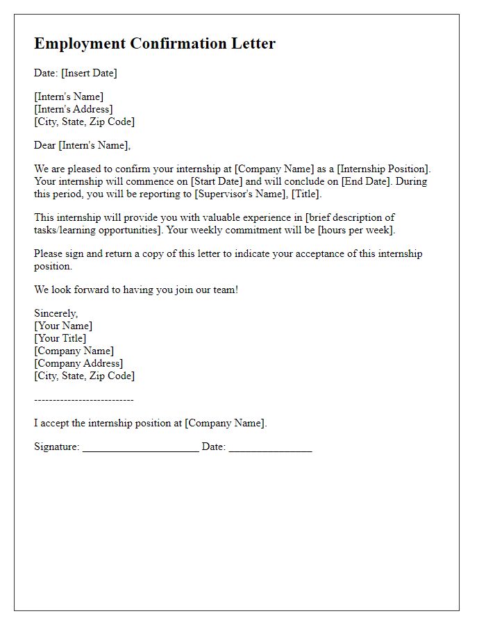 Letter template of employment confirmation for internships