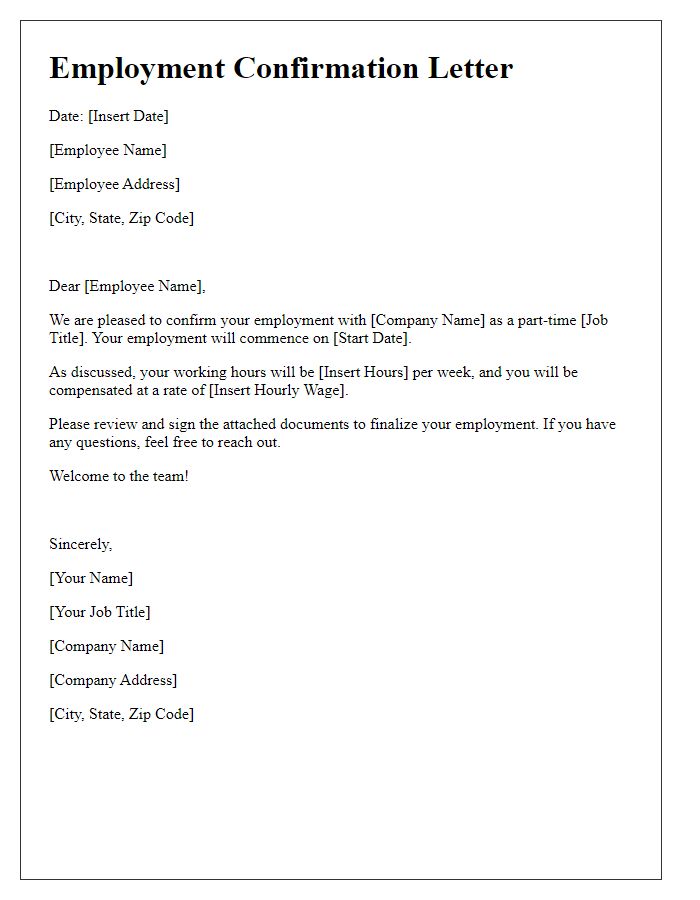 Letter template of employment confirmation for part-time roles