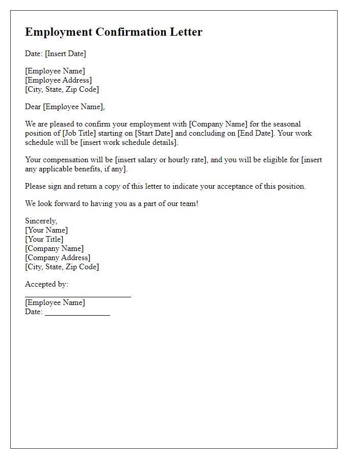 Letter template of employment confirmation for seasonal work